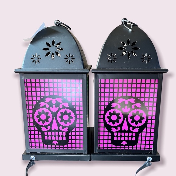 NWOT set of 2 dia de muertos battery powered lanterns orange purple yellow green - Picture 1 of 9